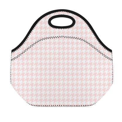 Pastel Pink And White Houndstooth Print Neoprene Lunch Bag
