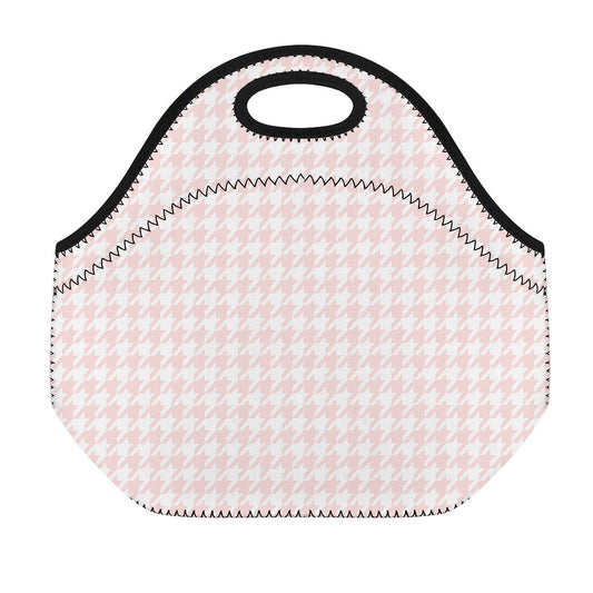 Pastel Pink And White Houndstooth Print Neoprene Lunch Bag