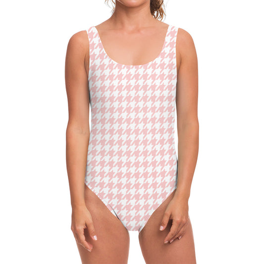 Pastel Pink And White Houndstooth Print One Piece Swimsuit