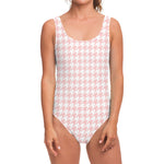 Pastel Pink And White Houndstooth Print One Piece Swimsuit