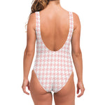 Pastel Pink And White Houndstooth Print One Piece Swimsuit