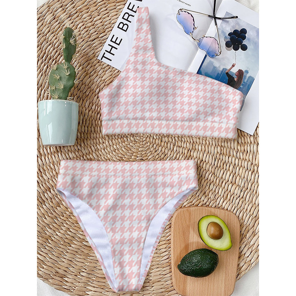 Pastel Pink And White Houndstooth Print One Shoulder Bikini Top