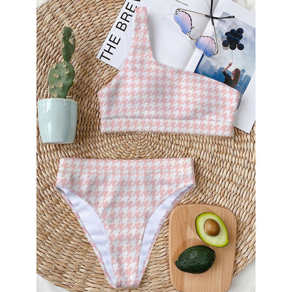 Pastel Pink And White Houndstooth Print One Shoulder Bikini Top