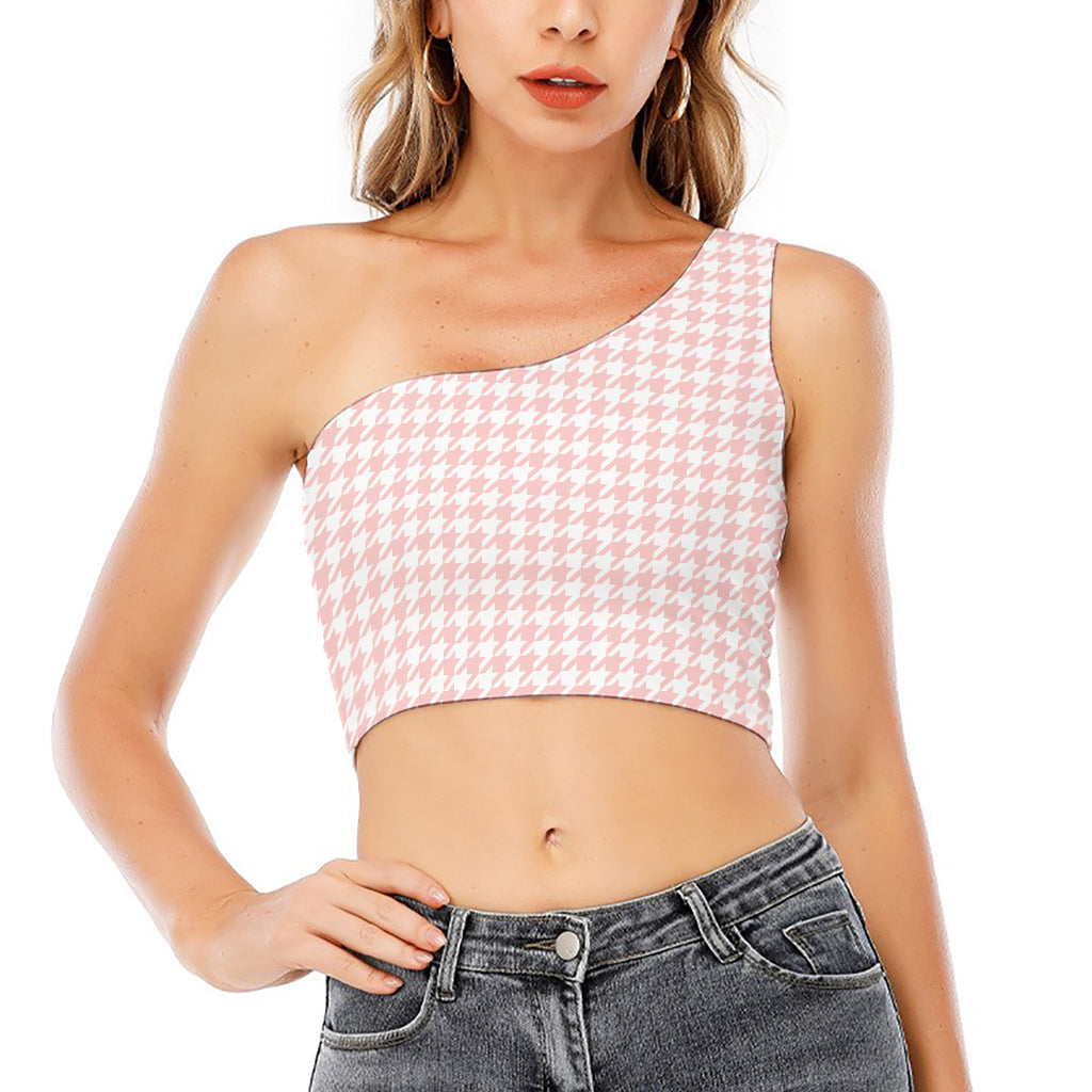 Pastel Pink And White Houndstooth Print One Shoulder Crop Top