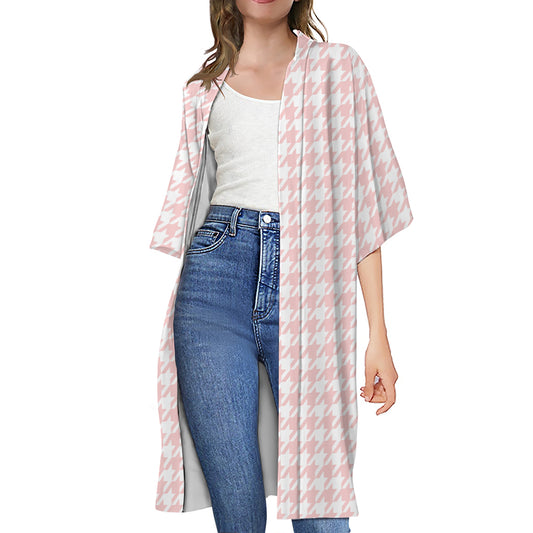Pastel Pink And White Houndstooth Print Open Front Beach Cover Up