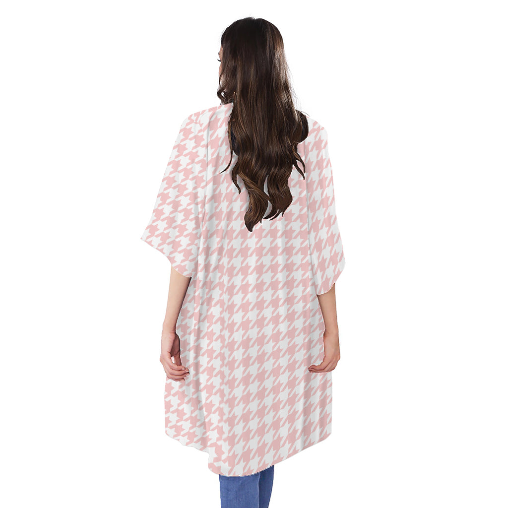 Pastel Pink And White Houndstooth Print Open Front Beach Cover Up