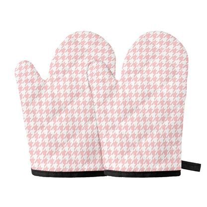 Pastel Pink And White Houndstooth Print Oven Mitts