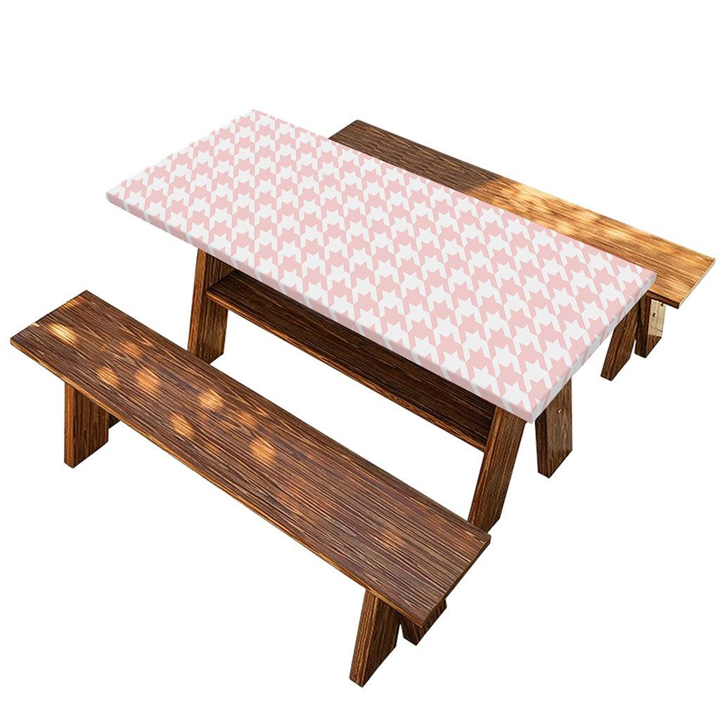 Pastel Pink And White Houndstooth Print Picnic Table Cover
