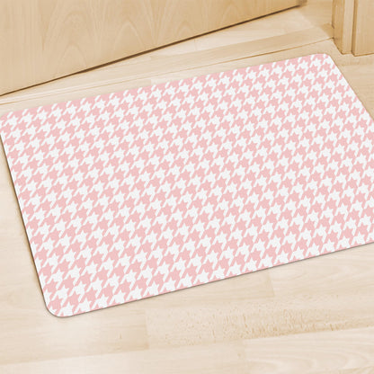 Pastel Pink And White Houndstooth Print Polyester Doormat
