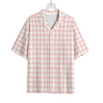 Pastel Pink And White Houndstooth Print Rayon Hawaiian Shirt