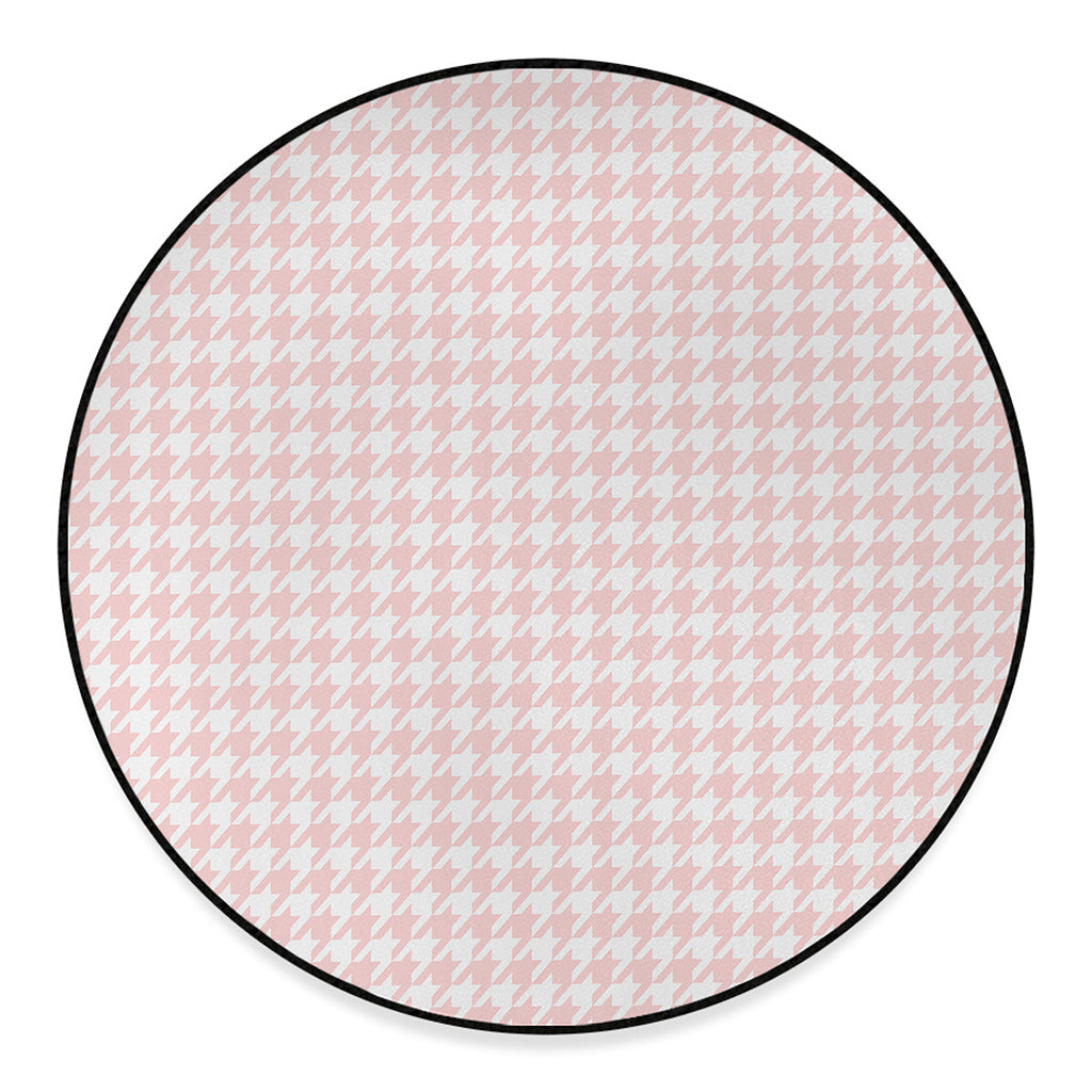 Pastel Pink And White Houndstooth Print Round Floor Mat