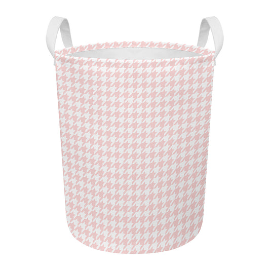 Pastel Pink And White Houndstooth Print Round Laundry Basket
