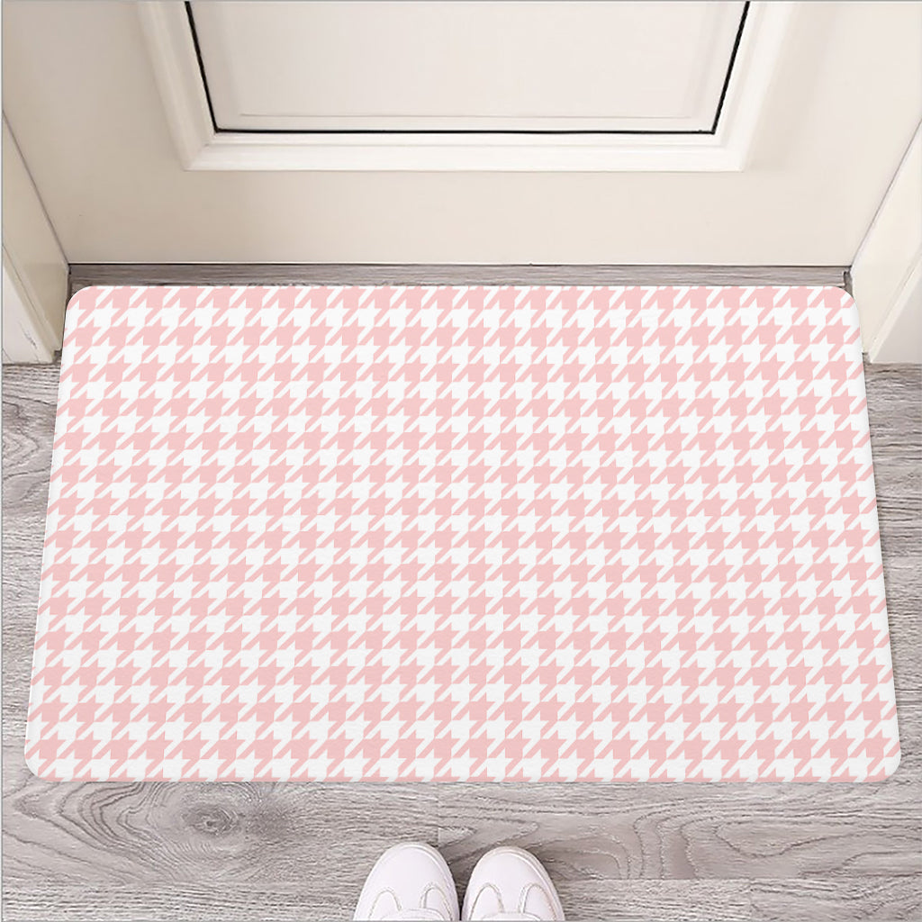 Pastel Pink And White Houndstooth Print Rubber Doormat