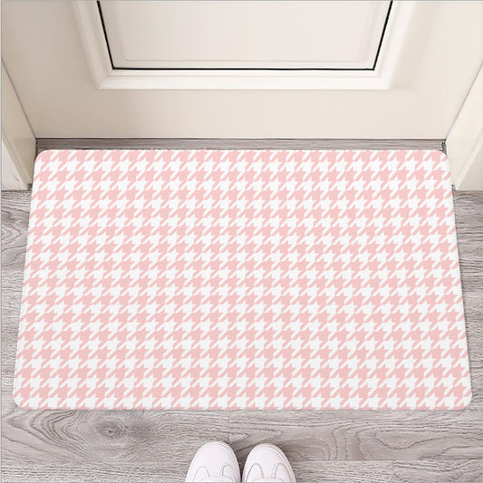 Pastel Pink And White Houndstooth Print Rubber Doormat