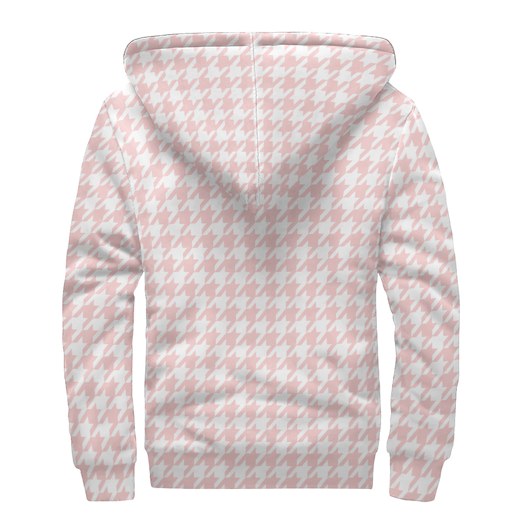 Pastel Pink And White Houndstooth Print Sherpa Lined Zip Up Hoodie