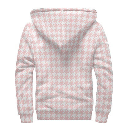 Pastel Pink And White Houndstooth Print Sherpa Lined Zip Up Hoodie