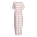 Pastel Pink And White Houndstooth Print Short Sleeve Long Nightdress