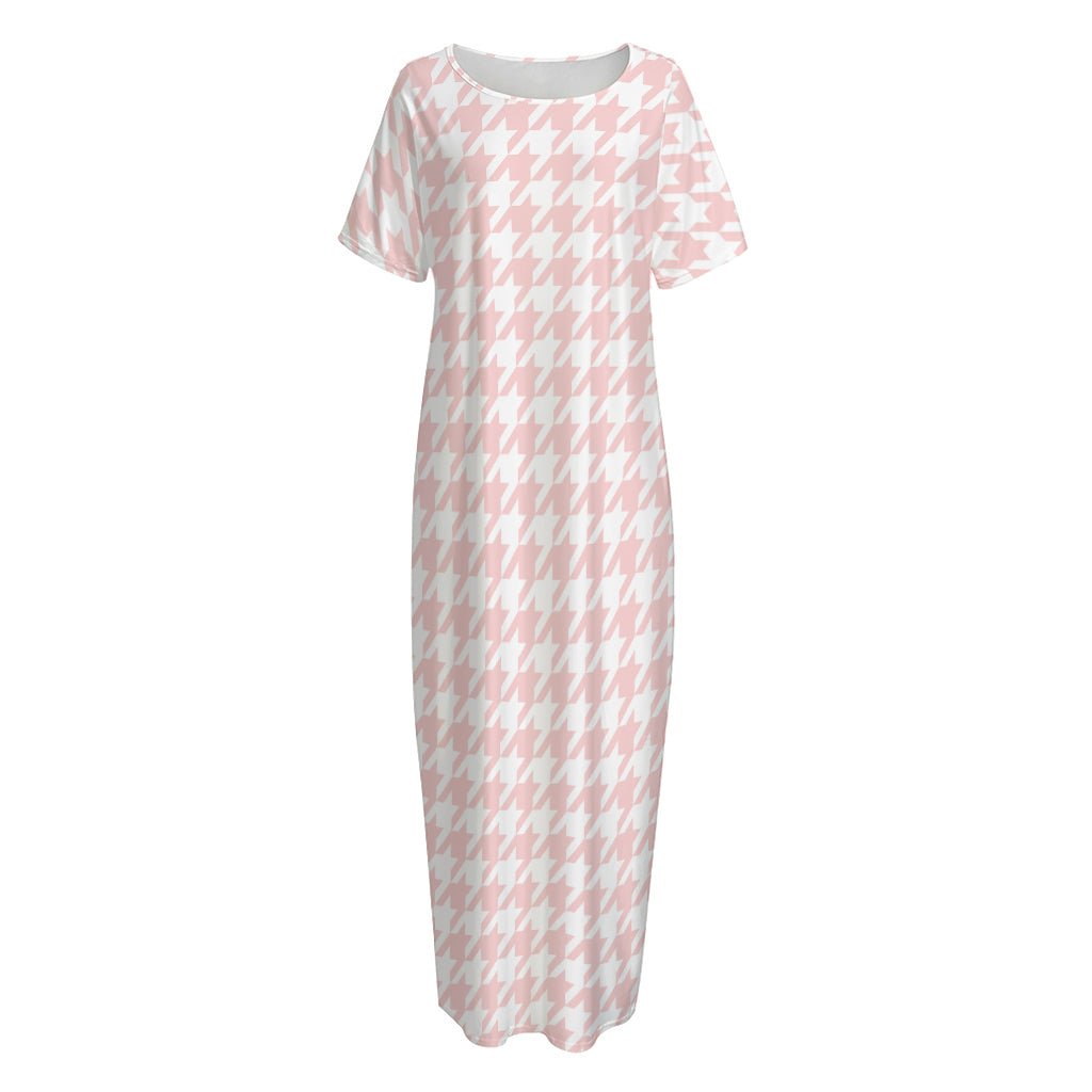 Pastel Pink And White Houndstooth Print Short Sleeve Long Nightdress