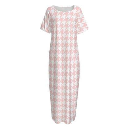Pastel Pink And White Houndstooth Print Short Sleeve Long Nightdress
