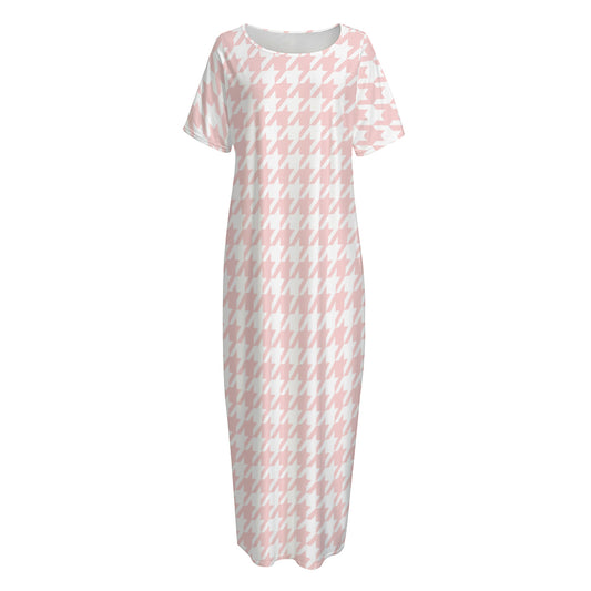 Pastel Pink And White Houndstooth Print Short Sleeve Long Nightdress