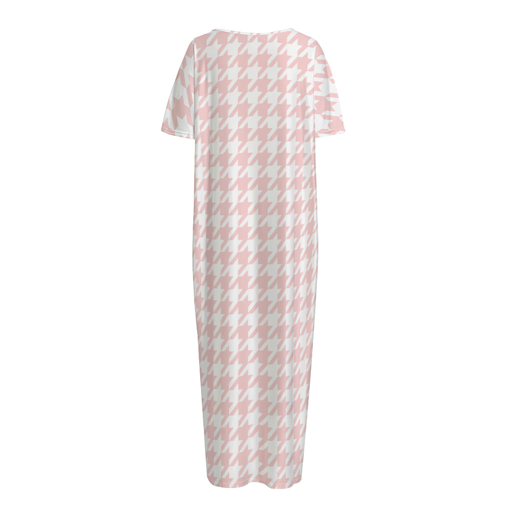 Pastel Pink And White Houndstooth Print Short Sleeve Long Nightdress