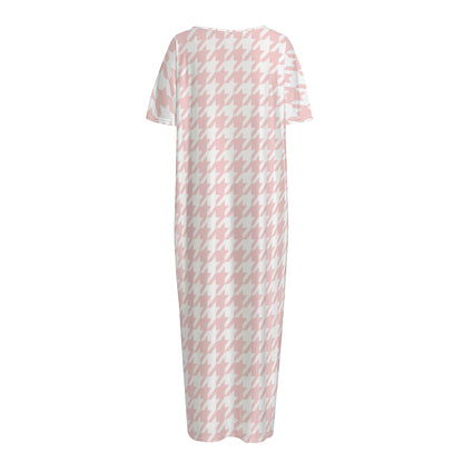 Pastel Pink And White Houndstooth Print Short Sleeve Long Nightdress