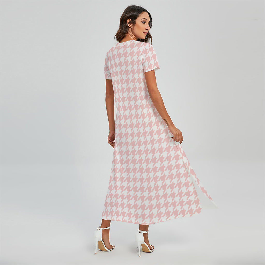 Pastel Pink And White Houndstooth Print Short Sleeve Maxi Dress