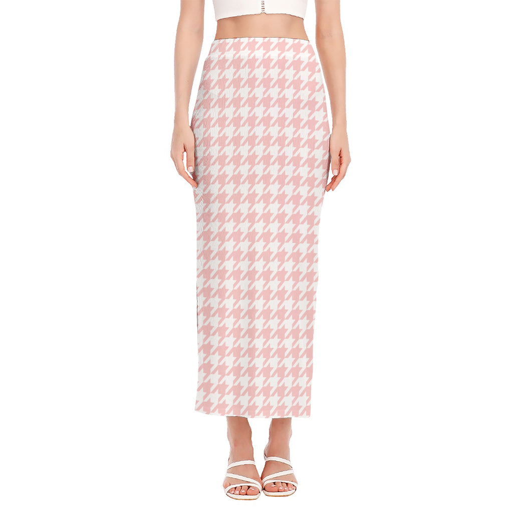 Pastel Pink And White Houndstooth Print Side Slit Maxi Skirt
