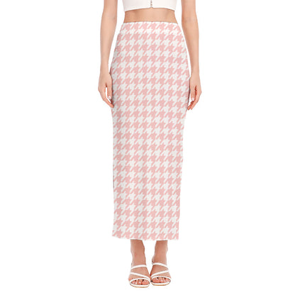 Pastel Pink And White Houndstooth Print Side Slit Maxi Skirt