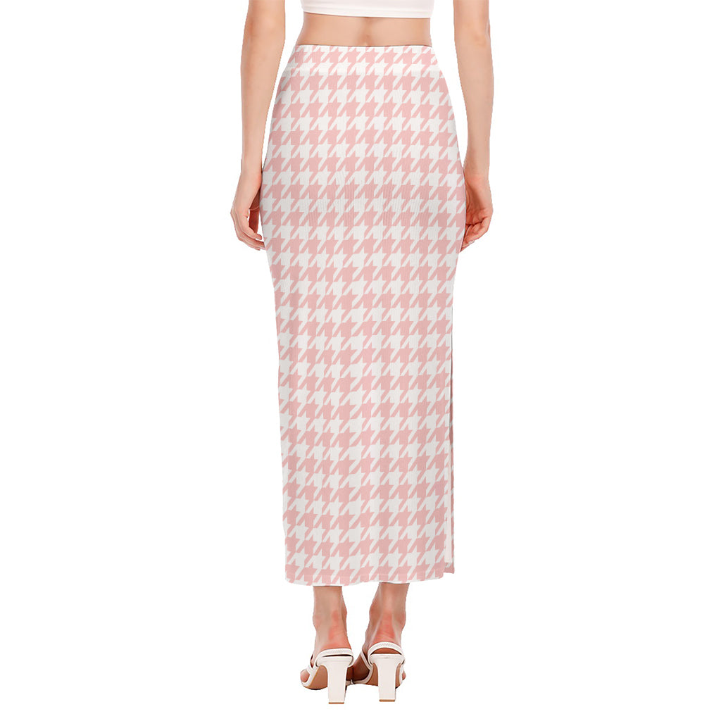 Pastel Pink And White Houndstooth Print Side Slit Maxi Skirt
