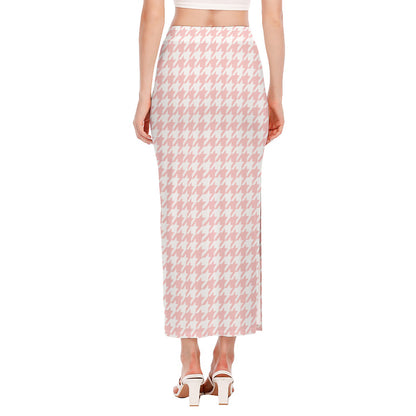 Pastel Pink And White Houndstooth Print Side Slit Maxi Skirt