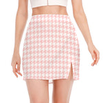 Pastel Pink And White Houndstooth Print Side Slit Mini Skirt