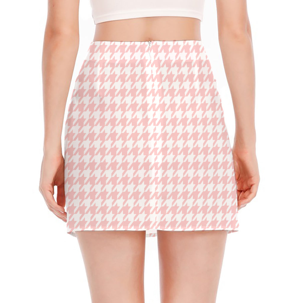 Pastel Pink And White Houndstooth Print Side Slit Mini Skirt