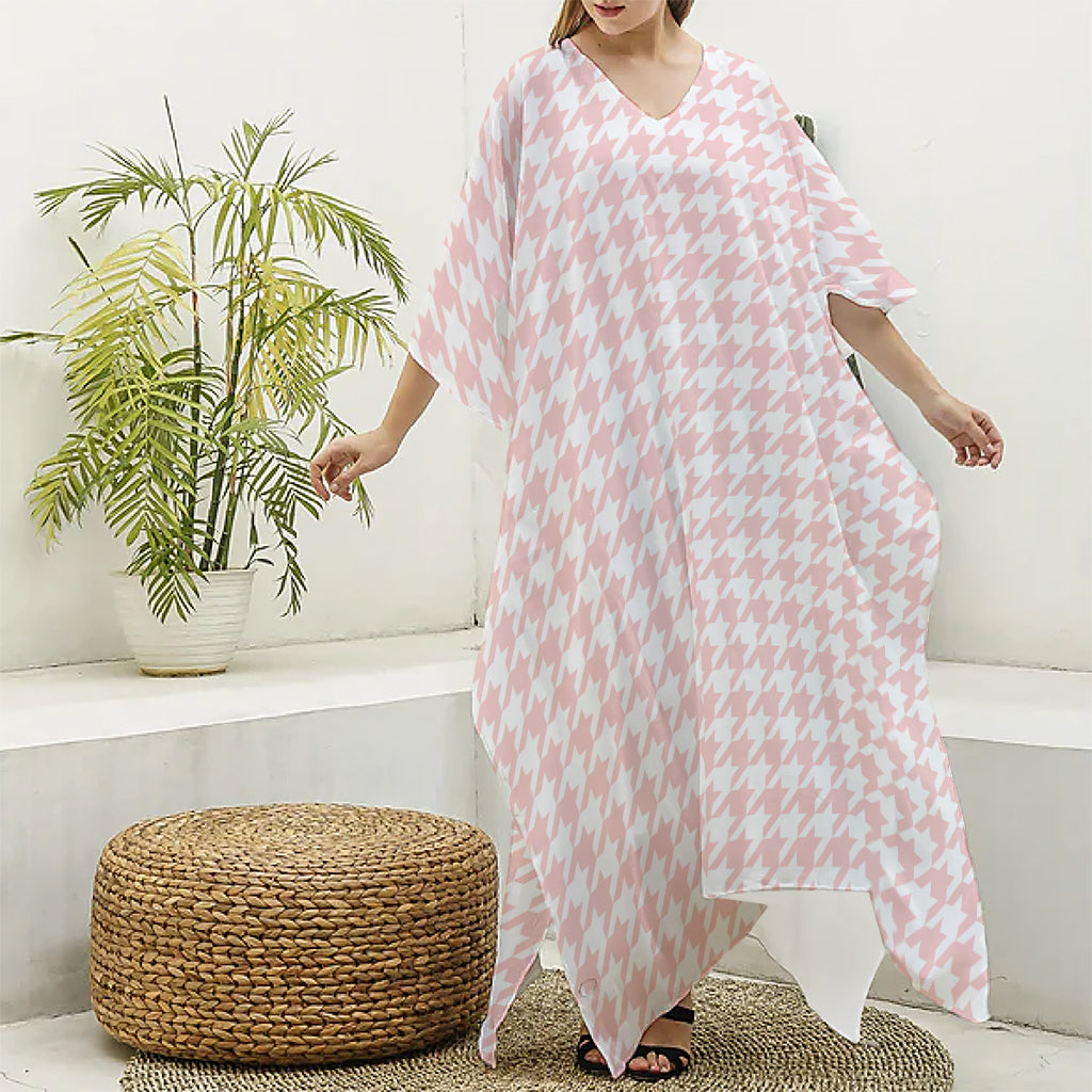 Pastel Pink And White Houndstooth Print Silk V-Neck Kaftan Dress