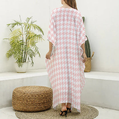 Pastel Pink And White Houndstooth Print Silk V-Neck Kaftan Dress