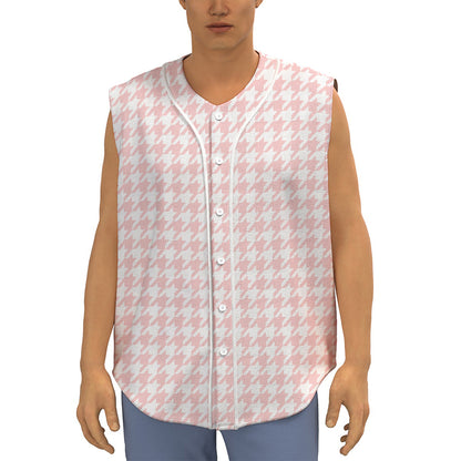Pastel Pink And White Houndstooth Print Sleeveless Baseball Jersey