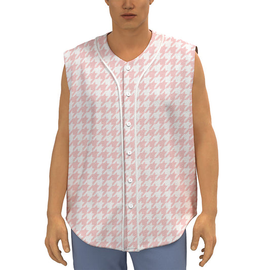 Pastel Pink And White Houndstooth Print Sleeveless Baseball Jersey