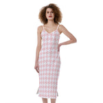 Pastel Pink And White Houndstooth Print Slim Fit Midi Cami Dress