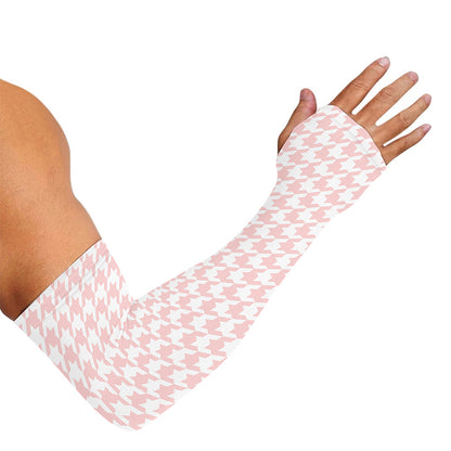 Pastel Pink And White Houndstooth Print Sun Protection Arm Sleeves