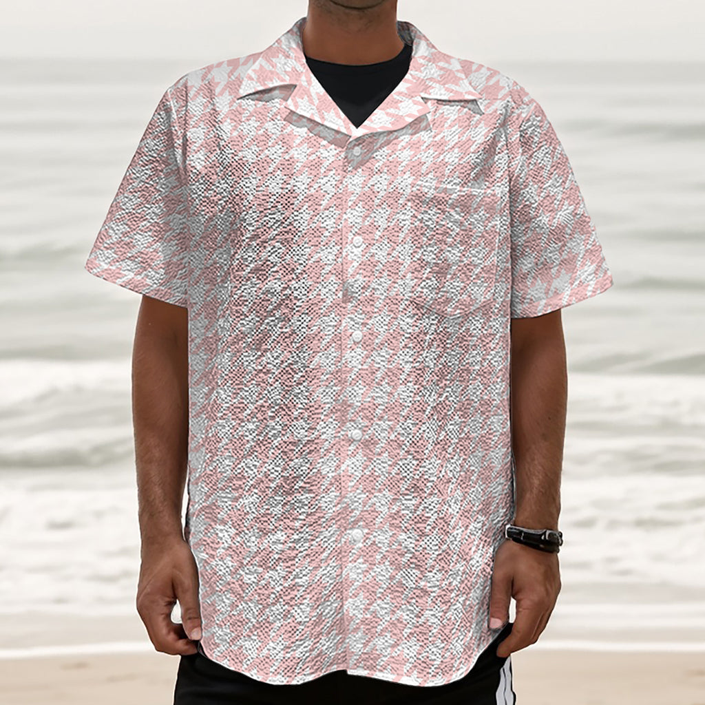 Pastel Pink And White Houndstooth Print Textured Short Sleeve Shirt