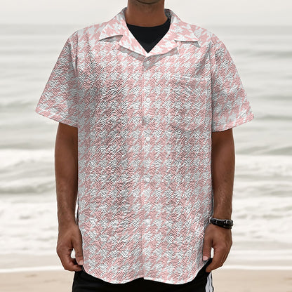 Pastel Pink And White Houndstooth Print Textured Short Sleeve Shirt