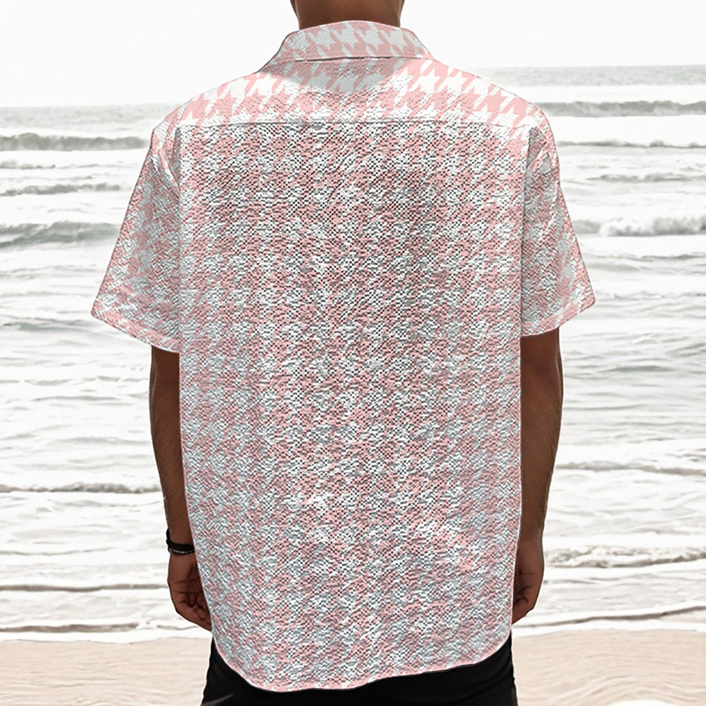 Pastel Pink And White Houndstooth Print Textured Short Sleeve Shirt
