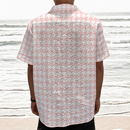 Pastel Pink And White Houndstooth Print Textured Short Sleeve Shirt