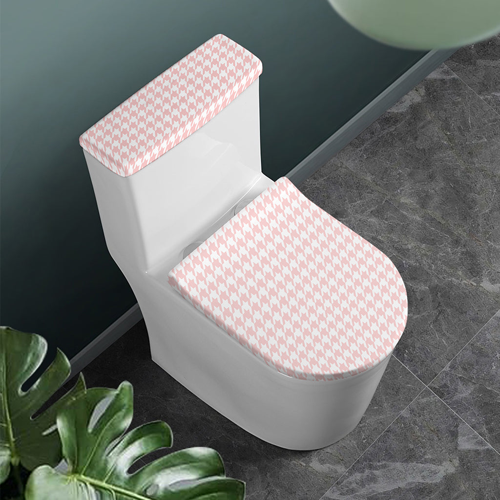 Pastel Pink And White Houndstooth Print Toilet Lid And Tank Cover Set