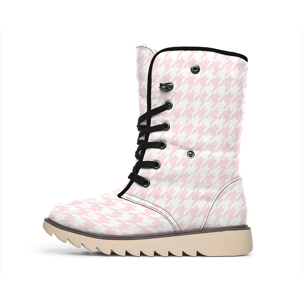 Pastel Pink And White Houndstooth Print Winter Boots
