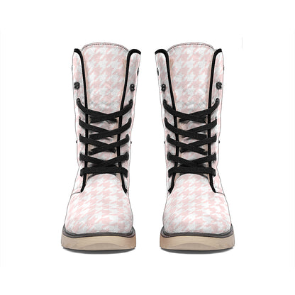 Pastel Pink And White Houndstooth Print Winter Boots