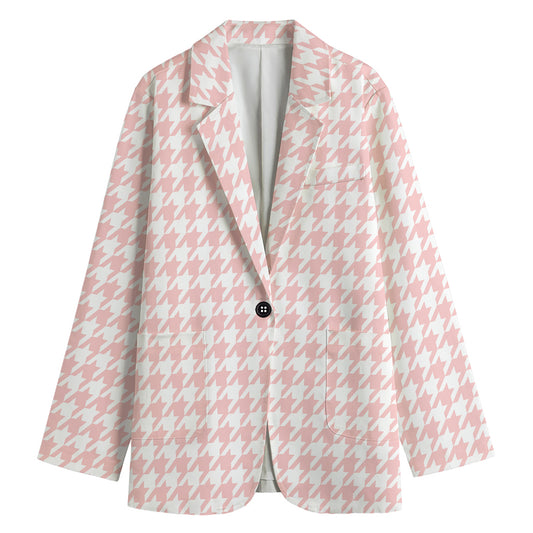 Pastel Pink And White Houndstooth Print Women's Blazer