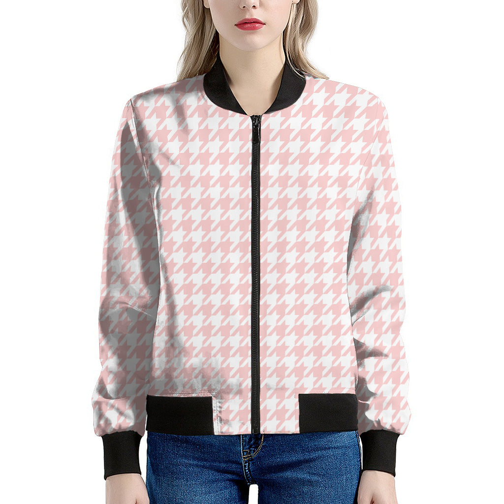 Pastel Pink And White Houndstooth Print Women's Bomber Jacket