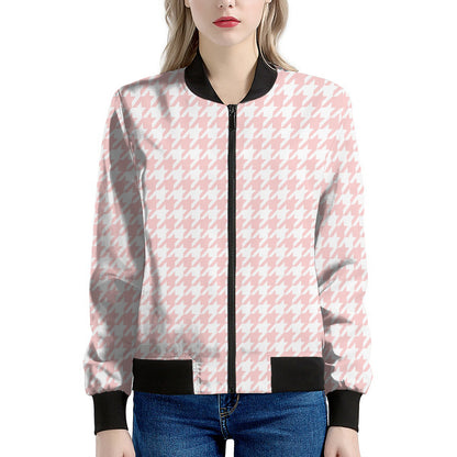 Pastel Pink And White Houndstooth Print Women's Bomber Jacket
