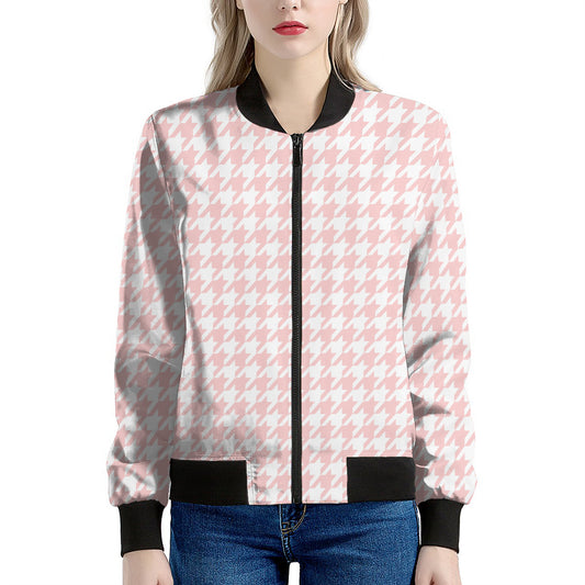 Pastel Pink And White Houndstooth Print Women's Bomber Jacket